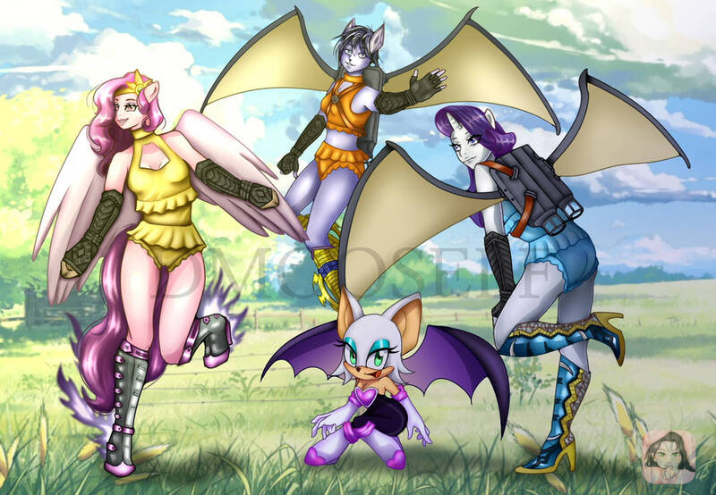 Size: 1074x744 | Tagged: safe, artist:dmooself, derpibooru import, pipp petals, rarity, anthro, bat, fox, pegasus, unicorn, bikini, clothes, g5, image, jetpack, jpeg, krystal, leotard, rouge the bat, sonic the hedgehog (series), star fox, swimsuit