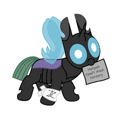 Size: 3000x3000 | Tagged: safe, alternate version, artist:theunidentifiedchangeling, derpibooru import, oc, oc:[unidentified], changeling, mlp fim's twelfth anniversary, arm band, buggo, changeling oc, cute, cuteling, derp, digital art, horn, image, intentional spelling error, mouth hold, paper, png, simple background, solo, spread wings, transparent background, wings