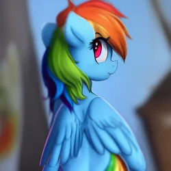 Size: 512x512 | Tagged: safe, derpibooru import, editor:firenhooves, machine learning generated, purplesmart.ai, stable diffusion, rainbow dash, pony, closed mouth, hair, image, looking back, png, wings