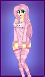 Size: 1280x2187 | Tagged: safe, artist:lennondash, derpibooru import, fluttershy, human, equestria girls, breasts, busty fluttershy, butterfly hairpin, clothes, cute, female, image, jpeg, open mouth, out of frame, pajamas, purple background, shyabetes, simple background, socks, solo, striped socks, sweater, sweatershy, thigh highs