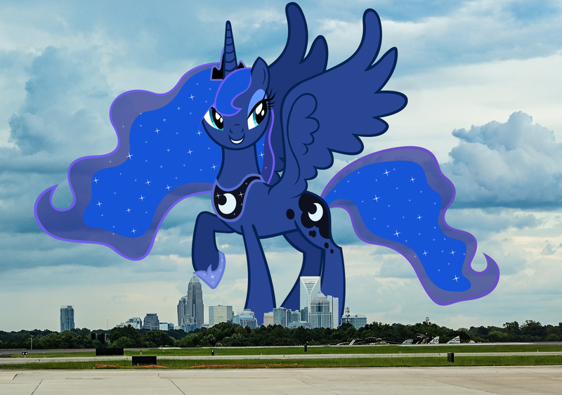 Size: 1920x1348 | Tagged: safe, artist:jaredking779, artist:santafer, derpibooru import, princess luna, alicorn, pony, charlotte, crown, female, folded wings, giant alicorn, giant pony, giantess, highrise ponies, hoof shoes, image, irl, jewelry, jpeg, macro, mega giant, mega luna, north carolina, photo, ponies in real life, regalia, solo, wings