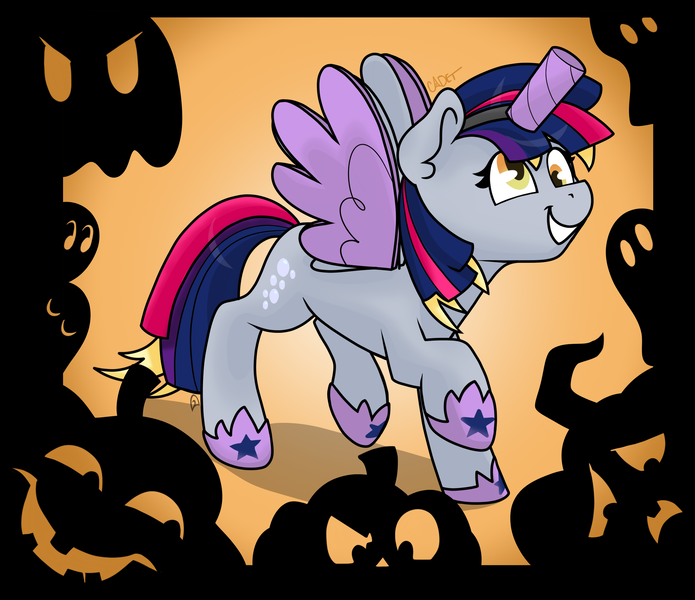 Size: 2503x2160 | Tagged: safe, artist:cadetredshirt, derpibooru import, derpy hooves, alicorn, ghost, pegasus, pony, undead, mlp fim's twelfth anniversary, alicornified, cardboard wings, clothes, costume, cute, digital art, ear fluff, fake horn, fake wings, female, g4, gray coat, halloween, halloween costume, high res, holiday, image, jewelry, mare, nightmare night, nightmare night costume, png, pumpkin, race swap, raised hoof, raised leg, regalia, shading, silhouette, simple background, smiling, solo, spooky, spread wings, teeth, toilet paper roll, walking, wig, wings, yellow eyes