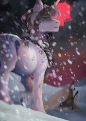 Size: 2480x3508 | Tagged: safe, artist:ponettedefeu, derpibooru import, oc, unofficial characters only, pony, unicorn, blood moon, braid, braided pigtails, female, image, jpeg, mare, moon, pigtails, snow, snowfall, solo, solo female, tent