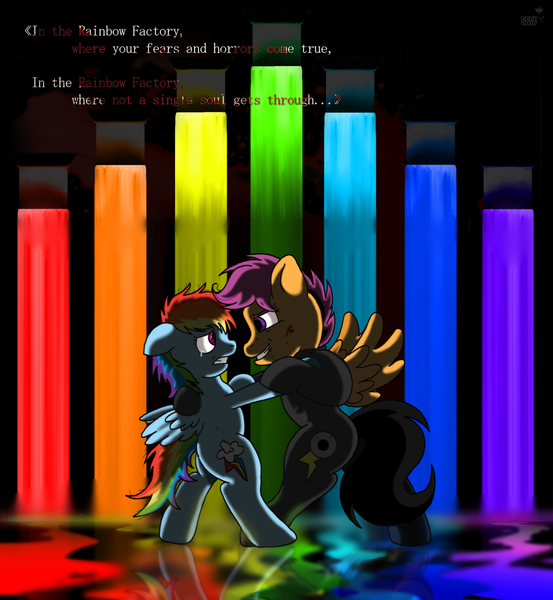 Size: 900x977 | Tagged: semi-grimdark, artist:doomy, artist:taeko, derpibooru import, rainbow dash, rarity, scootaloo, pegasus, pony, fanfic:rainbow factory, 2022, absentia, alternate cutie mark, bipedal, black suit, blood, blood splatter, crying, dancing, duo, dyed tail, evil grin, evil scootaloo, factory scootaloo, fanfic art, female, filly, filly rarity, foal, grin, gritted teeth, image, liquid rainbow, looking at each other, looking at someone, mare, older, older scootaloo, pegasus device, png, role reversal, scared, smiling, spectra, spread wings, tail, tears of sadness, teeth, wings, younger