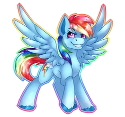 Size: 2147x2000 | Tagged: safe, artist:chvrchgrim, derpibooru import, rainbow dash, pegasus, pony, canon, fanart, g4, image, png, rainbow, raised hoof, redesign, simple background, smiling, solo, spread wings, transparent background, wings