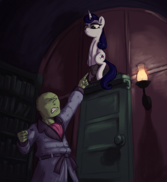 Size: 2750x3000 | Tagged: safe, artist:t72b, moonlight raven, oc, oc:anon, human, pony, unicorn, angry, book, bookshelf, bust, candle, clothes, door, edgar allan poe, female, gritted teeth, image, lantern, looking at each other, looking at someone, mare, night, png, poem, pointing, pun, rain, reference, robe, simpsons did it, sitting, teeth, visual pun