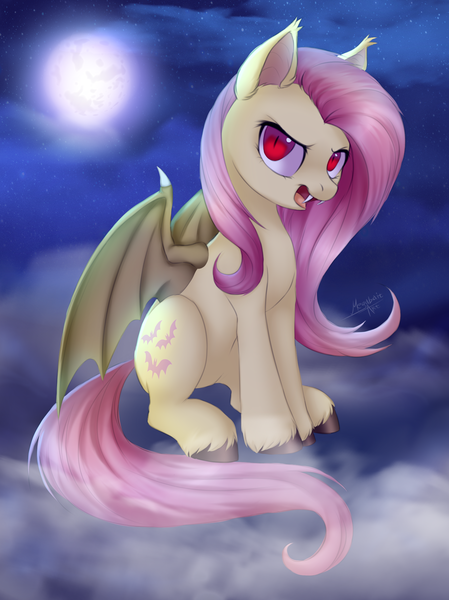 Size: 1497x2000 | Tagged: safe, alternate version, artist:megabait, derpibooru import, fluttershy, bat pony, bat ponified, bat wings, digital art, flutterbat, g4, image, looking at you, moon, night, open mouth, png, race swap, red eyes, sitting, sky, wings