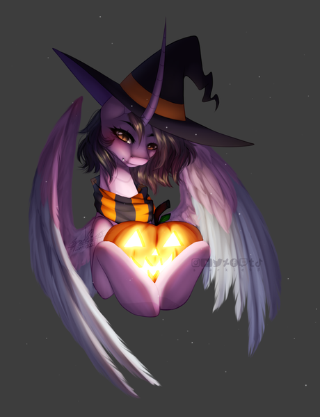 Size: 740x966 | Tagged: safe, artist:sparkie45, derpibooru import, oc, unofficial characters only, alicorn, dracony, dragon, hybrid, pony, 2021, alicorn oc, gray background, halloween, hat, holiday, horn, image, jack-o-lantern, png, pumpkin, simple background, solo, wings, witch hat