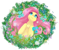 Size: 2514x2160 | Tagged: safe, artist:saphypone, derpibooru import, fluttershy, pegasus, pony, bust, chest fluff, dandelion, female, flower, fluttershy day, grass, high angle, high res, hooves to the chest, image, looking up, lying down, mare, on back, partial background, plants, png, simple background, smiling, solo, white background