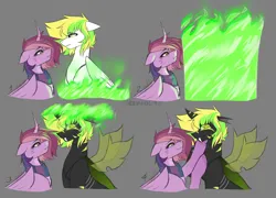 Size: 3000x2154 | Tagged: safe, artist:sparkie45, derpibooru import, oc, oc:ray of hope, oc:sparkie, alicorn, changeling, dracony, dragon, hybrid, pegasus, pony, image, png, reveal the magic, shipping, yellow changeling