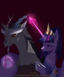 Size: 1993x2400 | Tagged: safe, artist:clefficia, derpibooru import, editor:zcord, discord, princess twilight 2.0, twilight sparkle, twilight sparkle (alicorn), alicorn, draconequus, pony, the ending of the end, the last problem, twilight's kingdom, bell, clothes, commission, crown, dialogue, dress, duo, ear piercing, earring, female, g4, grogar's bell, high res, horn, image, jewelry, jpeg, male, mare, older, older twilight, piercing, regalia, simple background, spread wings, story included, subtitles, teary eyes, wings