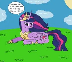 Size: 2850x2448 | Tagged: safe, artist:supahdonarudo, derpibooru import, princess twilight 2.0, twilight sparkle, twilight sparkle (alicorn), alicorn, pony, the last problem, cloud, dialogue, g4, grass, grass field, image, jewelry, lying down, older, older twilight, png, prone, pun, regalia, speech bubble, sun, talking to viewer, text, tiara, visual pun