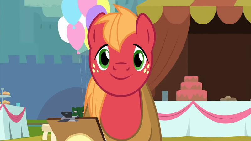 Size: 1920x1080 | Tagged: safe, derpibooru import, screencap, big macintosh, earth pony, pony, season 9, the last problem, spoiler:s09, 1080p, balloon, clipboard, cute, g4, image, looking at you, macabetes, male, png, reaction image, smiling, smiling at you, solo, stallion