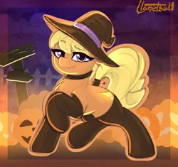 Size: 937x880 | Tagged: safe, artist:llametsul, derpibooru import, ms. harshwhinny, earth pony, pony, mlp fim's twelfth anniversary, choker, clothes, female, halloween, hat, holiday, image, looking at you, mare, png, pumpkin, signature, socks, solo, stockings, thigh highs