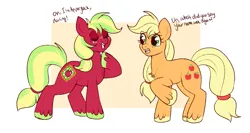 Size: 1031x548 | Tagged: safe, artist:lulubell, derpibooru import, applejack, applejack (g3), earth pony, pony, eyes closed, g3, g3 to g4, g4, generation leap, generational ponidox, hoof on chest, image, open mouth, open smile, png, raised hoof, simple background, smiling, white background