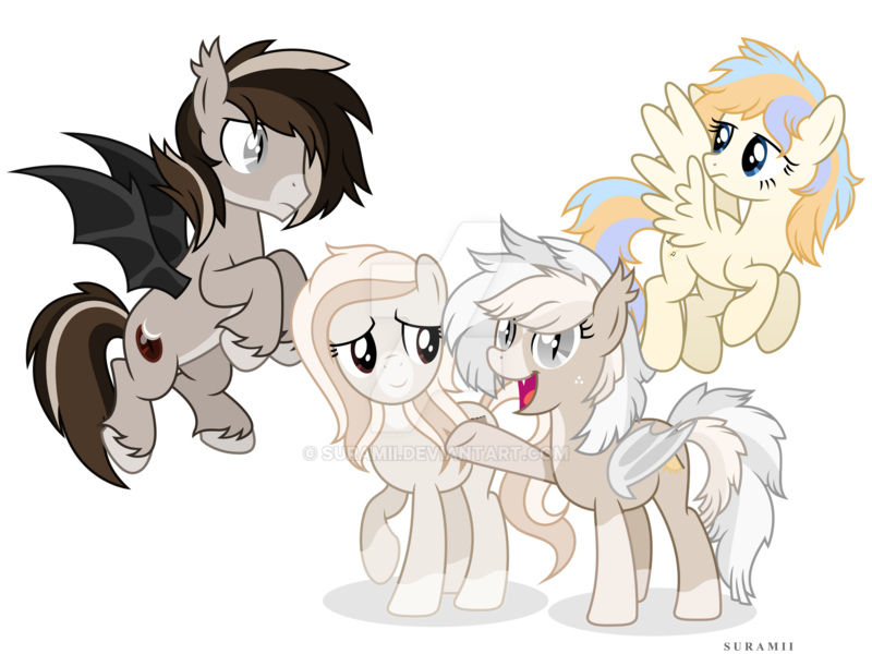 Size: 1920x1440 | Tagged: safe, artist:suramii, derpibooru import, oc, oc:aries, oc:cuddy, oc:souvenir, unofficial characters only, bat pony, pegasus, pony, deviantart watermark, female, image, male, mare, obtrusive watermark, png, simple background, stallion, transparent background, watermark