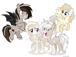 Size: 1920x1440 | Tagged: safe, artist:suramii, derpibooru import, oc, oc:aries, oc:cuddy, oc:souvenir, unofficial characters only, bat pony, pegasus, pony, deviantart watermark, female, image, male, mare, obtrusive watermark, png, simple background, stallion, transparent background, watermark