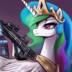 Size: 1024x1024 | Tagged: safe, derpibooru import, machine learning generated, stable diffusion, princess celestia, alicorn, pony, crown, cyberpunk, female, gun, image, jewelry, mare, png, regalia, solo, weapon