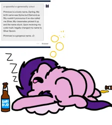 Size: 1275x1414 | Tagged: safe, artist:professorventurer, derpibooru import, pipp petals, series:ask pippamena, beer bottle, bottle, drunk, g5, image, pippamena, png, sleeping