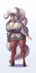 Size: 1400x2800 | Tagged: suggestive, artist:annon, derpibooru import, mayor mare, human, bag, big breasts, big hair, bimbo, breasts, brown lipstick, busty mayor mare, cleavage, clothes, ear piercing, glasses, grey eyeshadow, hand on head, high heels, huge breasts, humanized, image, jpeg, makeup, messenger bag, necktie, pantyhose, piercing, platform heels, shoes, suit, wide hips