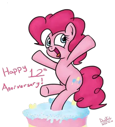 Size: 1800x2000 | Tagged: safe, artist:dashyoshi, derpibooru import, pinkie pie, earth pony, pony, mlp fim's twelfth anniversary, anniversary, cake, food, g4, image, looking at you, open mouth, png, simple background, solo, transparent background