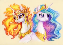 Size: 1715x1220 | Tagged: safe, artist:maytee, derpibooru import, daybreaker, princess celestia, alicorn, pony, bust, colored pencil drawing, duality, image, jpeg, traditional art