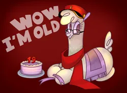 Size: 2665x1940 | Tagged: safe, artist:nonameorous, derpibooru import, oc, alpaca, them's fightin' herds, birthday, birthday cake, cake, caption, clothes, community related, crossed hooves, food, glasses, hat, image, looking away, png, red background, red hat, red scarf, scarf, simple background, sitting, solo, text