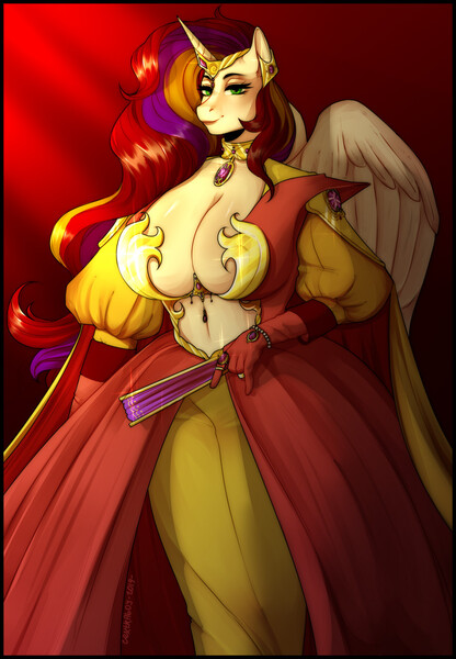 Size: 887x1280 | Tagged: suggestive, artist:cextraboy, derpibooru import, oc, oc:scarlet bond, alicorn, anthro, 2019, alicorn oc, belly button, big breasts, breasts, choker, cleavage, clothes, crown, dress, eyelashes, female, gloves, horn, huge breasts, image, jewelry, jpeg, lidded eyes, multicolored hair, old art, regalia, smiling, solo, wings