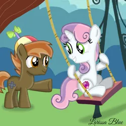 Size: 900x900 | Tagged: safe, artist:mlplary6, derpibooru import, button mash, sweetie belle, earth pony, pony, unicorn, colt, female, filly, foal, image, looking at each other, looking at someone, male, png, shipping, smiling, smiling at each other, straight, sweetiemash, swing