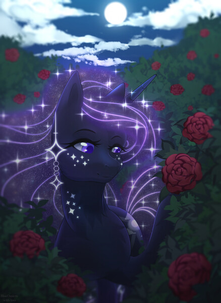 Size: 934x1280 | Tagged: safe, artist:blueomlette, derpibooru import, oc, alicorn, pony, alicorn oc, bush, flower, flowing mane, freckles, full moon, horn, image, jpeg, moon, night, rose, solo, stars, wings