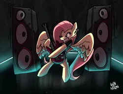 Size: 3000x2288 | Tagged: safe, artist:nyanakaru, derpibooru import, fluttershy, pegasus, pony, amplifier, bipedal, dark background, ear piercing, earring, female, flutterpunk, gritted teeth, guitar, hoof hold, image, jewelry, mare, musical instrument, piercing, playing instrument, png, punk, punk rock, solo, stage, teeth