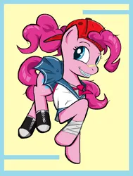 Size: 844x1116 | Tagged: safe, artist:sallycars, derpibooru import, pinkie pie, earth pony, pony, backwards ballcap, bandage, bandaid, baseball cap, blouse, braces, cap, clothes, grin, hat, image, looking at you, ms paint, pinkie pie day, png, ponytail, sailor uniform, school uniform, shoes, simple background, skirt, smiling, solo, uniform, yellow background