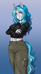 Size: 1368x2477 | Tagged: safe, artist:askbubblelee, derpibooru import, oc, oc:bubble lee, unofficial characters only, anthro, pony, unguligrade anthro, unicorn, abs, alternate universe, anthro oc, clothes, crossed arms, digital art, female, freckles, gradient background, horn, image, jewelry, mare, midriff, necklace, pants, png, shirt, solo, unicorn oc, willowverse