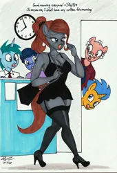 Size: 2029x2988 | Tagged: suggestive, artist:newyorkx3, derpibooru import, oc, oc:casey, unofficial characters only, anthro, earth pony, plantigrade anthro, unicorn, breasts, cleavage, clock, clothes, dialogue, garters, high heels, high res, image, jpeg, nightgown, office, peeking, purse, shoes, socks, stare, stockings, thigh highs, yawn