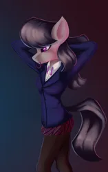 Size: 1886x3000 | Tagged: safe, alternate version, artist:qbellas, derpibooru import, octavia melody, anthro, earth pony, arm behind head, clothes, female, hair tie, image, mouth hold, outfit, pantyhose, png, simple background, skirt, solo, solo female