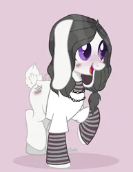 Size: 1666x2160 | Tagged: safe, artist:avi, derpibooru import, earth pony, pony, base, base used, blushing, bunny ears, bunny tail, clothes, female, image, jewelry, jpeg, shirt, shy, signature, simple background, simple shading, socks, striped socks, tail, violet eyes