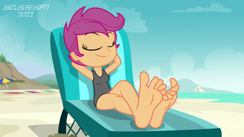 Size: 8000x4500 | Tagged: safe, artist:metalhead97, scootaloo, human, equestria girls, barefoot, beach, beach chair, chair, clothes, cute, cutealoo, feet, fetish, foot fetish, foot focus, reclining, show accurate, smiling, smirk, swimsuit, wiggling toes