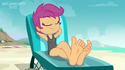 Size: 8000x4500 | Tagged: safe, artist:metalhead97, scootaloo, human, equestria girls, barefoot, beach, beach chair, chair, clothes, cute, cutealoo, feet, fetish, foot fetish, foot focus, reclining, show accurate, smiling, smirk, swimsuit, wiggling toes