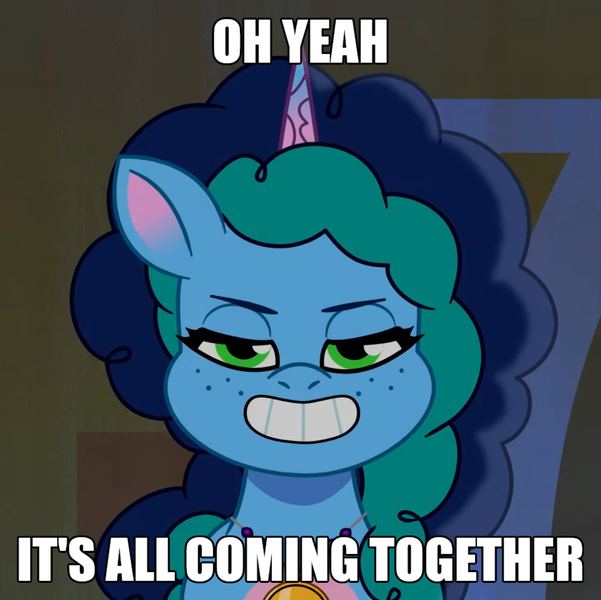 Size: 1442x1440 | Tagged: safe, derpibooru import, edit, edited screencap, screencap, pony, unicorn, g5, my little pony: tell your tale, leak, spoiler:tyts01e31, bean mouth, bedroom eyes, cropped, evil grin, female, freckles, grin, image, kronk, lidded eyes, looking at you, mare, misty brightdawn, png, smiling, solo, text edit, the emperor's new groove