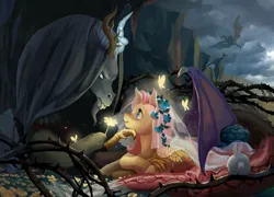 Size: 1920x1379 | Tagged: safe, artist:nora zhang, derpibooru import, discord, fluttershy, butterfly, draconequus, dragon, insect, pegasus, pony, rabbit, animal, black vine, cliff, cloud, cloudy, crying, duo male and female, female, flower, flower in hair, food, hand on chin, image, jpeg, looking up, male, mare, prone, thorn, thorns, veil, wheat, wing shelter, wings