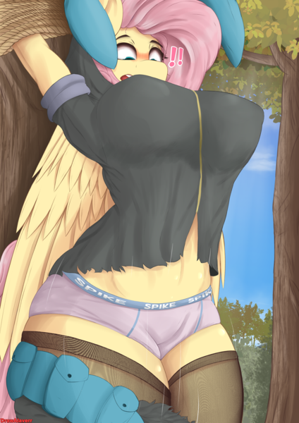 Size: 2480x3508 | Tagged: suggestive, artist:drawalaverr, derpibooru import, fluttershy, anthro, pegasus, pony, belly button, big breasts, blushing, blushing profusely, bondage, breasts, briefs, bunny ears, busty fluttershy, clothes, cloud, commission, costume, dangerous mission outfit, exclamation point, eye clipping through hair, female, fishnets, goggles, hoodie, image, implied flutterspike, implied shipping, implied straight, looking down, mare, midriff, outfit, png, rope, sky, socks, solo, solo female, stockings, thigh highs, tied up, torn clothes, tree, underwear, wings
