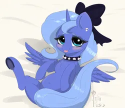 Size: 800x691 | Tagged: safe, artist:inkypuso, derpibooru import, princess luna, alicorn, pony, :p, blushing, bow, choker, chubby, cute, female, filly, hair bow, hooves, image, jewelry, jpeg, looking at you, lunabetes, lying, lying down, necklace, on back, ribbon, s1 luna, sheet, solo, studded choker, tongue out, underhoof, woona, younger