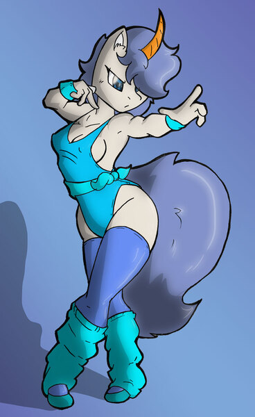 Size: 745x1214 | Tagged: suggestive, artist:theburningdonut, derpibooru import, oc, anthro, plantigrade anthro, unicorn, 80's fashion, 80s, breasts, clothes, curved horn, erect nipples, exercise, hips, horn, image, jpeg, leggings, leotard, nipple outline, one eye covered, socks, solo, thigh highs, thighs, unicorn oc, workout outfit, wristband