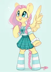 Size: 746x1061 | Tagged: safe, artist:melodylibris, ponybooru import, fluttershy, pegasus, pony, semi-anthro, alternate hairstyle, blue background, blushing, braces, braid, braided tail, clothes, cute, female, image, jpeg, light blue background, mare, open mouth, open smile, shyabetes, simple background, skirt, smiling, socks, solo, spread wings, striped socks, tail, twin braids, wings