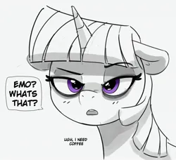 Size: 2839x2584 | Tagged: safe, artist:pabbley, derpibooru import, twilight sparkle, pony, unicorn, bags under eyes, bust, female, floppy ears, grayscale, high res, image, jpeg, mare, monochrome, partial color, simple background, solo, speech bubble, talking to viewer, tired, white background