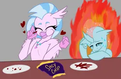 Size: 2381x1552 | Tagged: safe, artist:2hrnap, derpibooru import, ocellus, silverstream, changedling, changeling, hippogriff, chips, cute, diastreamies, eating, fire, food, heart, image, plate, png, spicy, sweat
