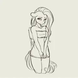 Size: 4000x4000 | Tagged: suggestive, artist:miokomata, derpibooru import, fluttershy, anthro, pegasus, pony, breasts, busty fluttershy, cleavage, female, floppy ears, freckles, freckleshy, gray background, grayscale, image, jpeg, looking at you, mare, monochrome, simple background, solo, solo female, towel, wip