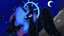 Size: 3012x1680 | Tagged: safe, artist:2hrnap, derpibooru import, nightmare moon, alicorn, pony, blue eyes, blue mane, canterlot, digital art, ethereal mane, female, grin, horn, image, lidded eyes, looking at you, mare, moon, night, png, sky, smiling, solo, starry mane, stars, wings