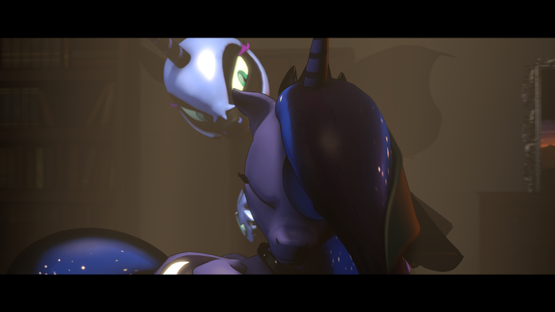 Size: 1920x1080 | Tagged: safe, artist:raptor1701, artist:raptornx01, derpibooru import, screencap, nightmare moon, princess luna, alicorn, 3d, confrontation, dr jekyll and mr hyde, duo, embrace, hug, image, letterboxing, png, winghug, wings