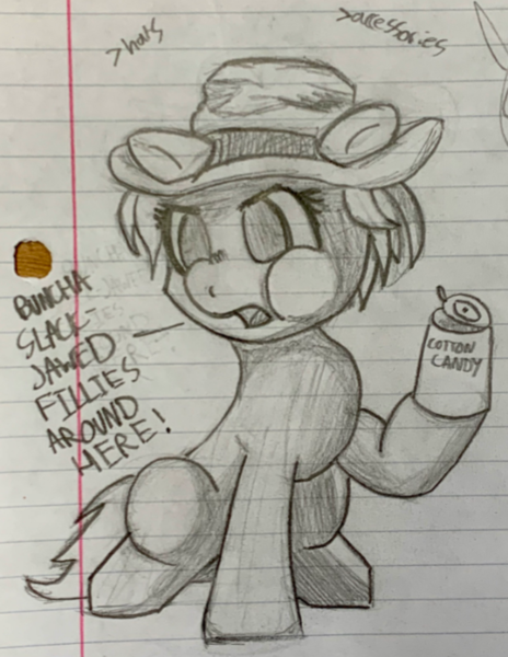 Size: 541x700 | Tagged: safe, artist:allhallowsboon, ponified, pony, angry, can, euphemism, female, hat, image, monochrome, png, solo, text, traditional art, yelling